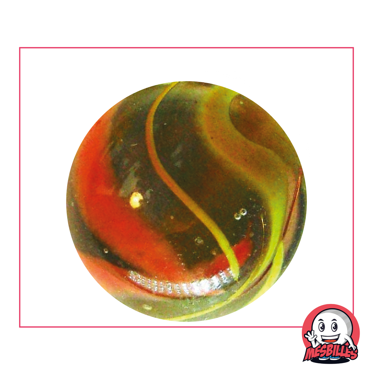 Canica Cóndor de 42 mm de cristal transparente atravesada por ondas naranjas y amarillas, canica tamaño ballena