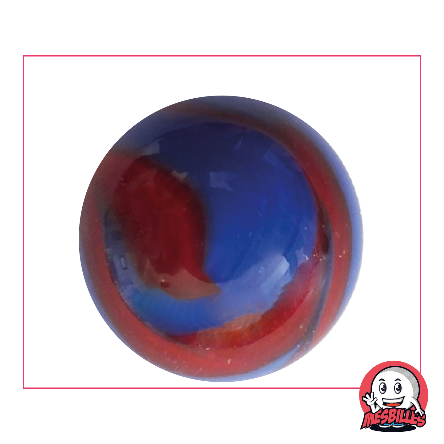 Canica Dino 42 mm de vidrio de color azul tipo porcelana adornada con rojo, canica de tamaño ballena