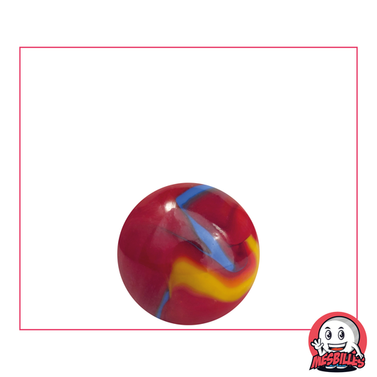 Canica Fiesta 16 mm roja con rayas azules y amarillas - MisCanicas