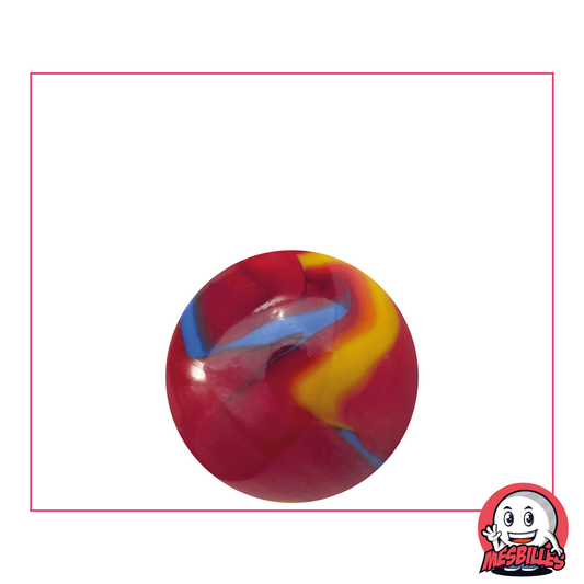 Canica Fiesta 22 mm roja con rayas azules y amarillas - MisCanicas