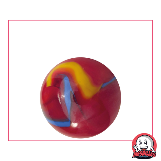 Canica Fiesta 25 mm roja con rayas azules y amarillas - MisCanicas