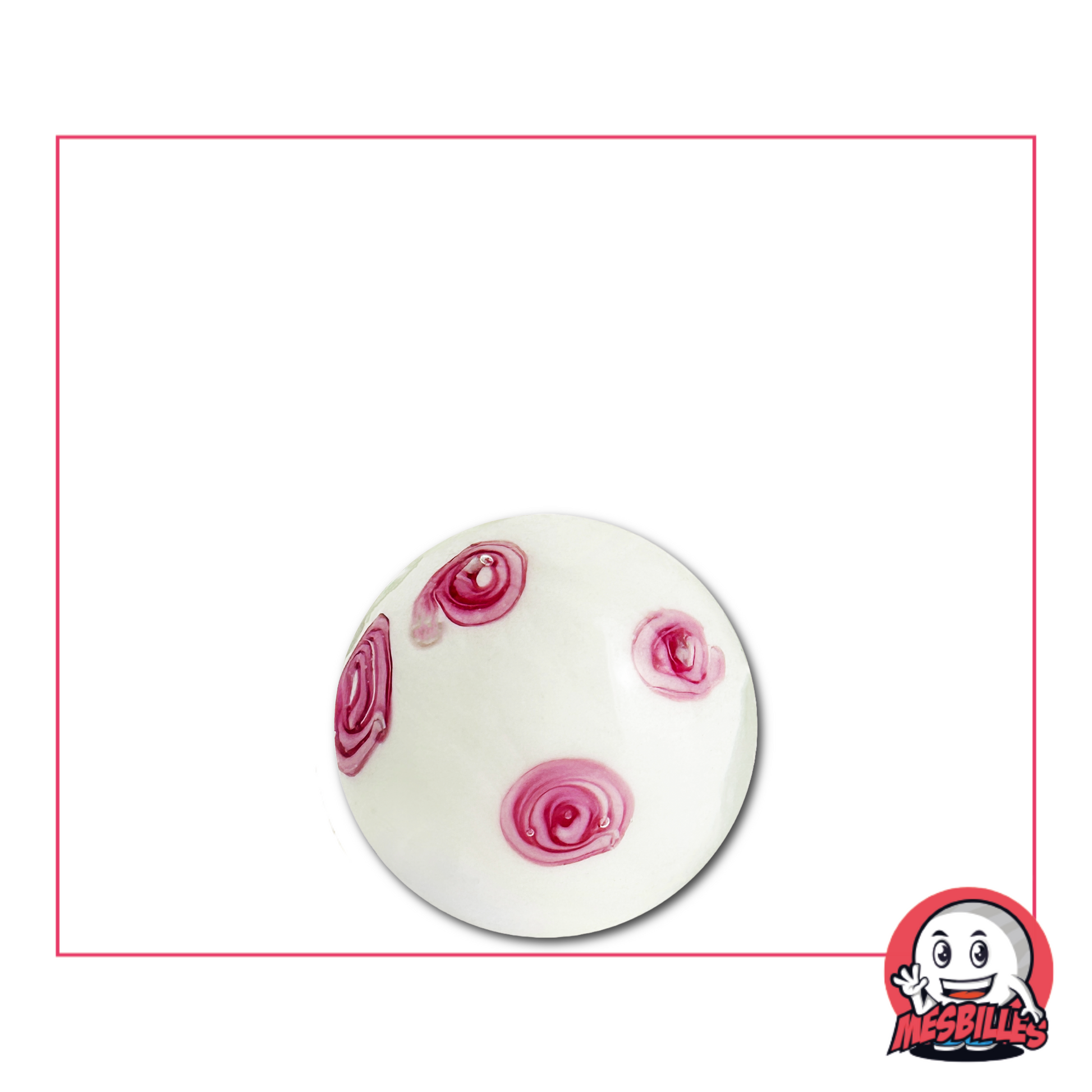 Canica blanca artesanal de vidrio de 16 mm decorada con delicadas flores rosas, que evocan la frágil poesía de los cerezos en flor.