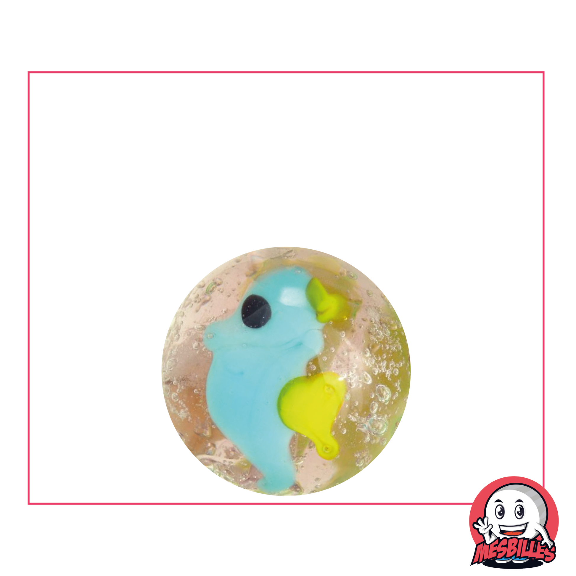 Canica artística Hippocampus de 22 mm en cristal translúcido con un caballito de mar azul claro en el interior