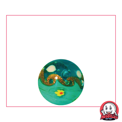 Canica Art Hokusai verde de 16 mm, canica de colección de diseño con una ola con purpurina dorada sobre fondo verde.