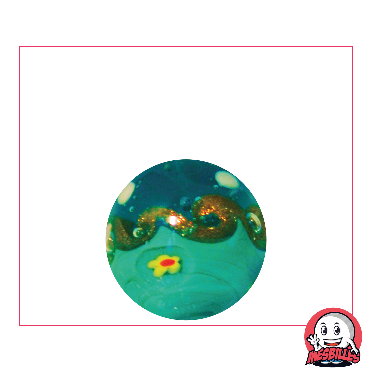 Canica Art Hokusai Verde, canica de artista hecha a mano, representación de una ola con purpurina dorada