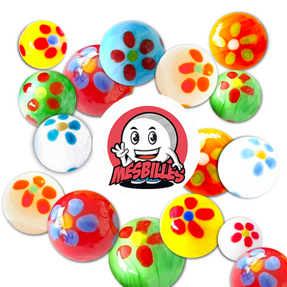 Logotipo MisCanicas en canicas Pájaro Rojo 16 mm, canicas artesanales.