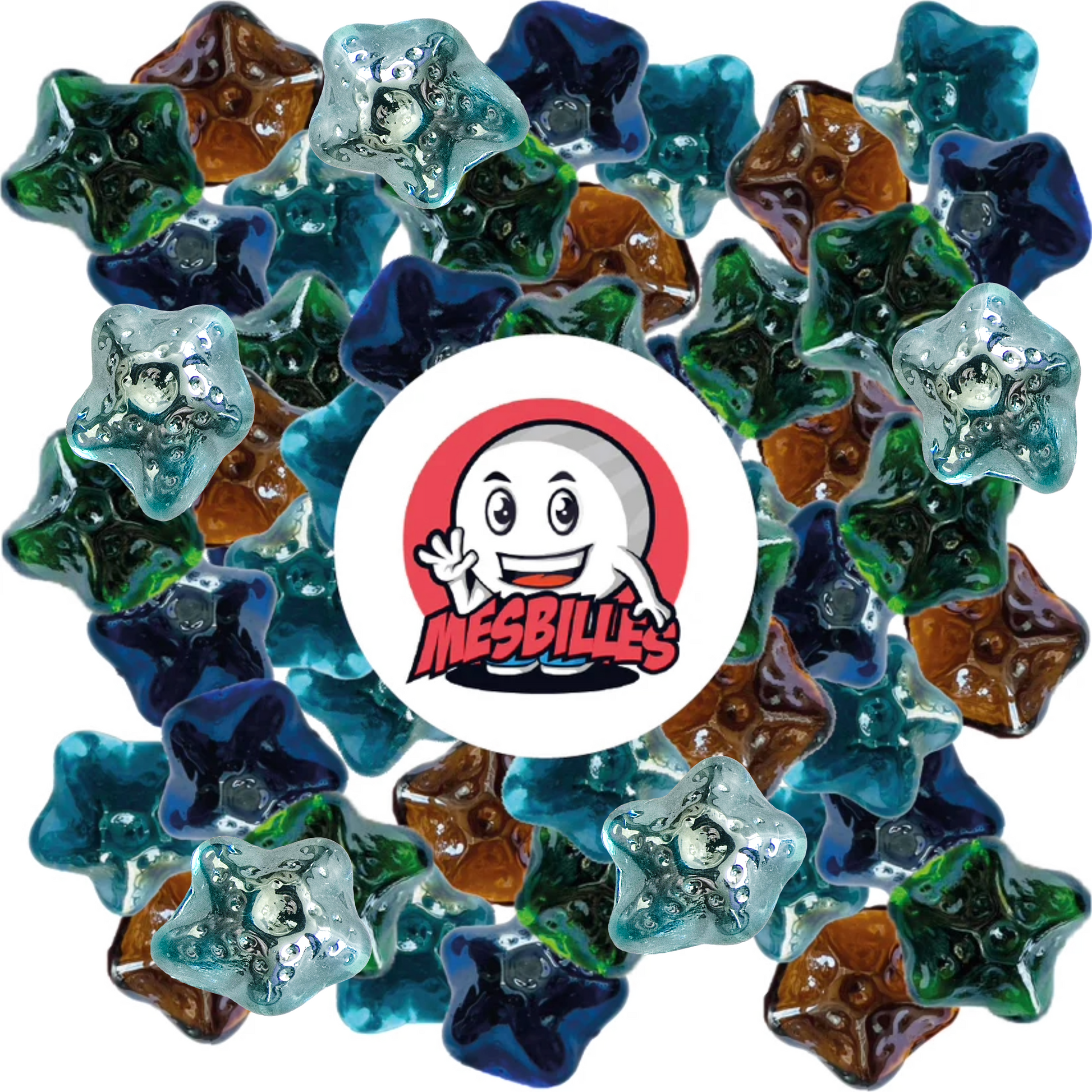 Conjunto de canicas con forma de estrellas marinas en varios colores (azul, verde, ámbar), dispuestas alrededor del logotipo MisCanicas