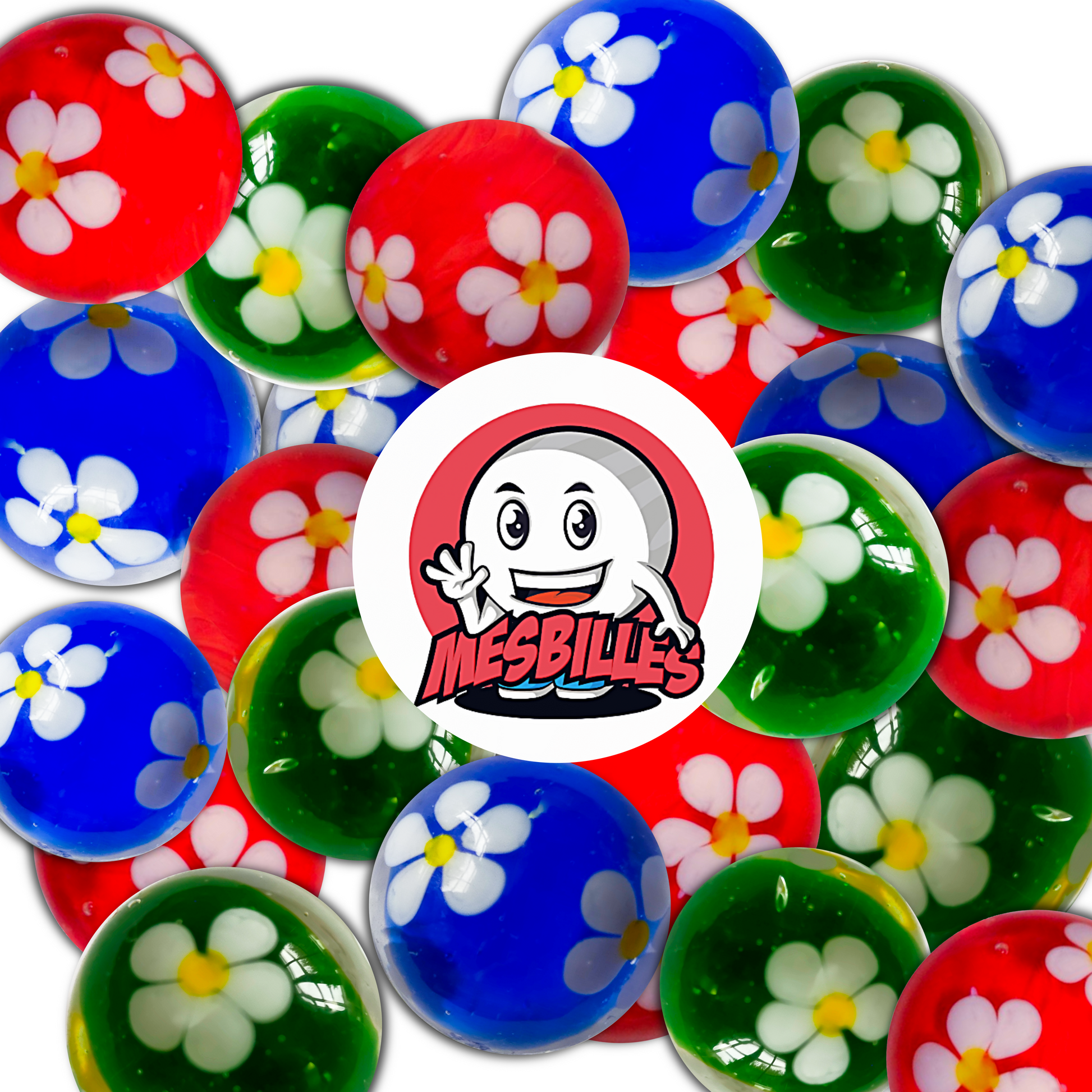 Canicas de la colección Jardín Encantado (rojas, verdes y azules) con flores blancas en el interior, dispuestas alrededor del logotipo de MisCanicas