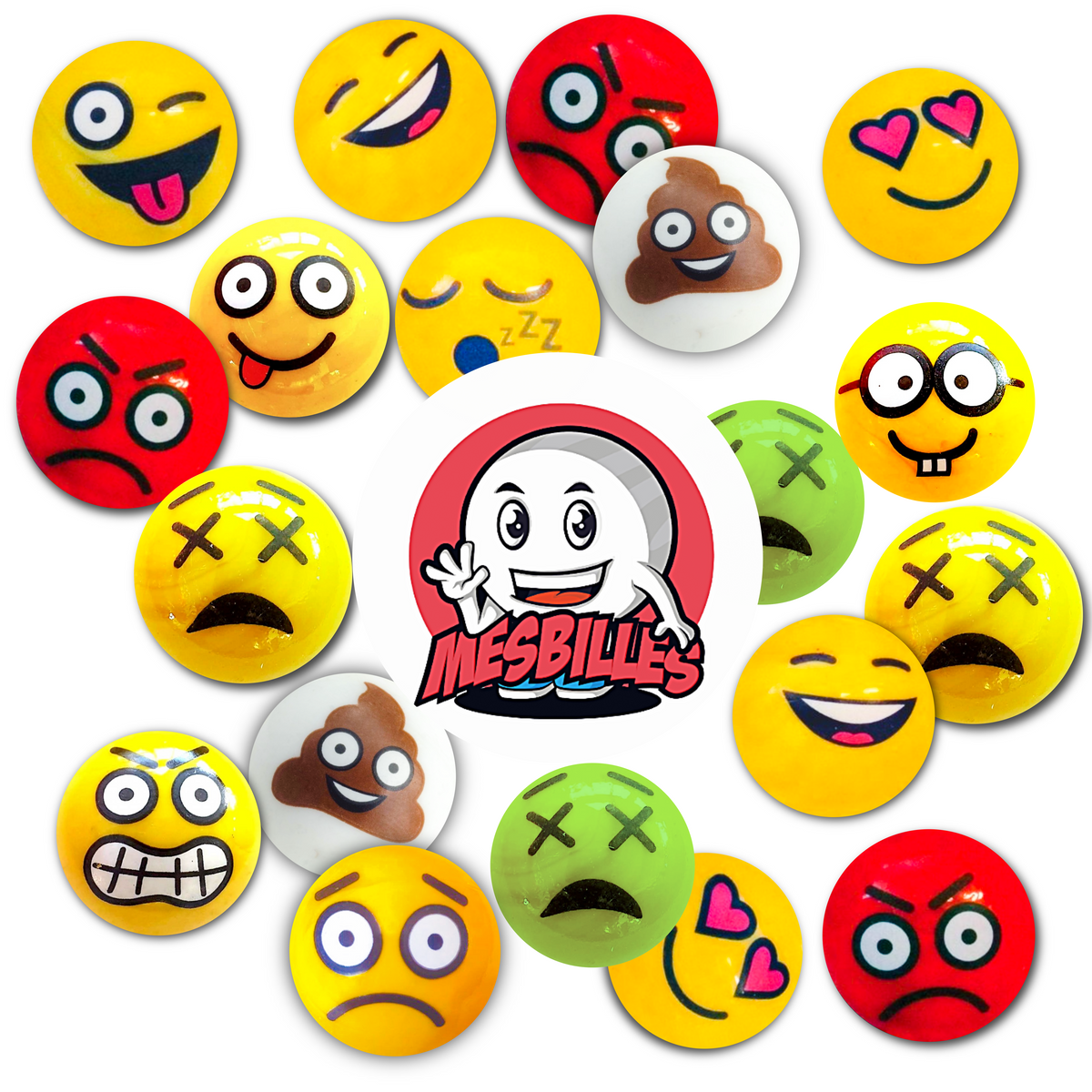 Conjunto de canicas sonrientes multicolores, con diversas expresiones divertidas, alrededor del logotipo MisCanicas