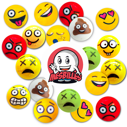 Conjunto de canicas sonrientes multicolores, con diversas expresiones divertidas, alrededor del logotipo MisCanicas