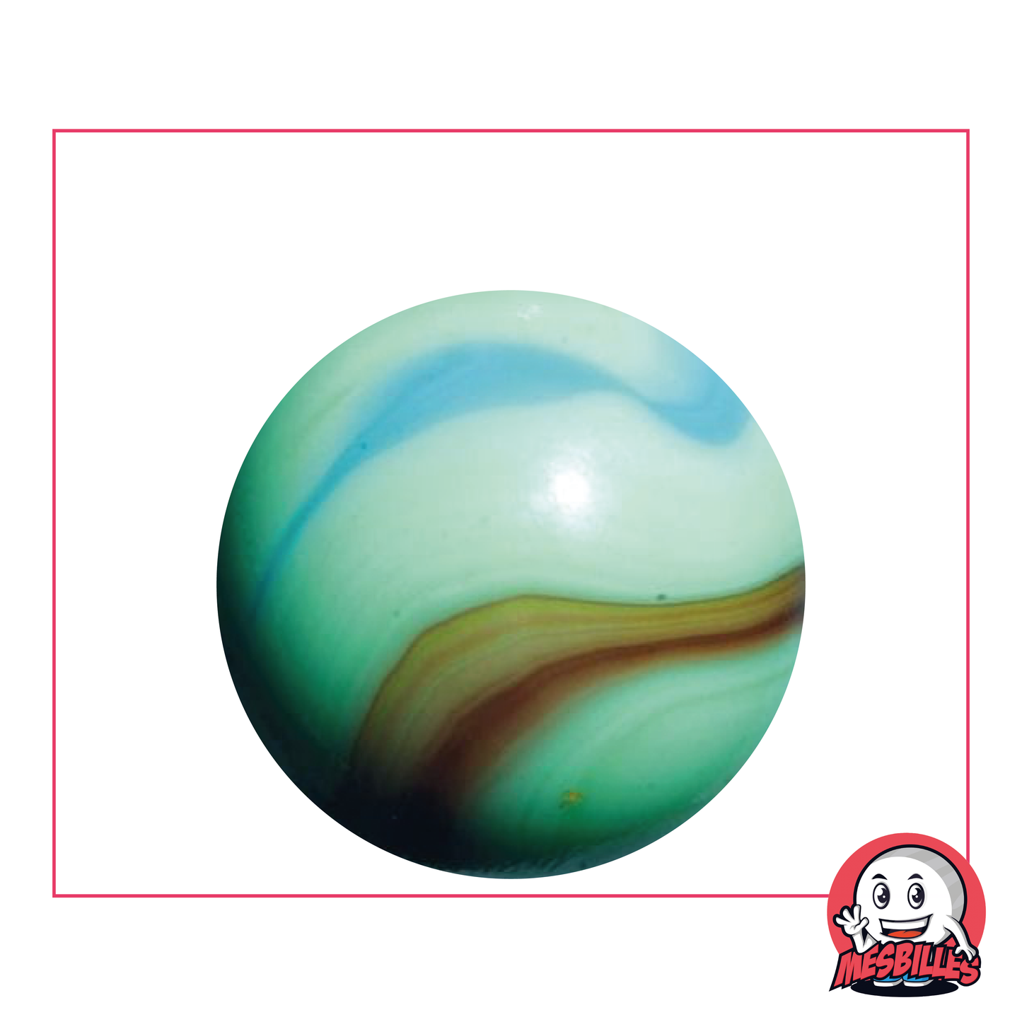 Canica Matisse tipo porcelana verde de 35 mm con ribete marrón y azul, canicas de diseño distintivo