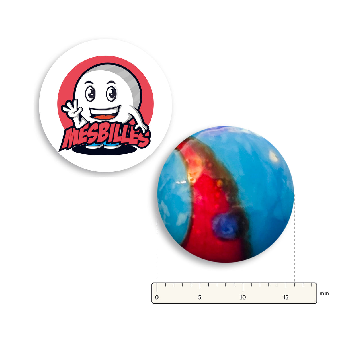 Bille Big-Bang Bleu et Rouge 16 mm Collector à côté d'une règle graduée, 16 mm de diamètre