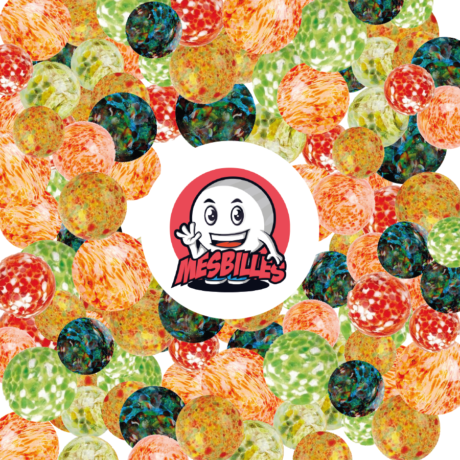 Canicas Flyer Verdes de 25 mm y canicas multicolores que rodean al mascota MisCanicas, canicas de vidrio translúcido con manchas multicolores