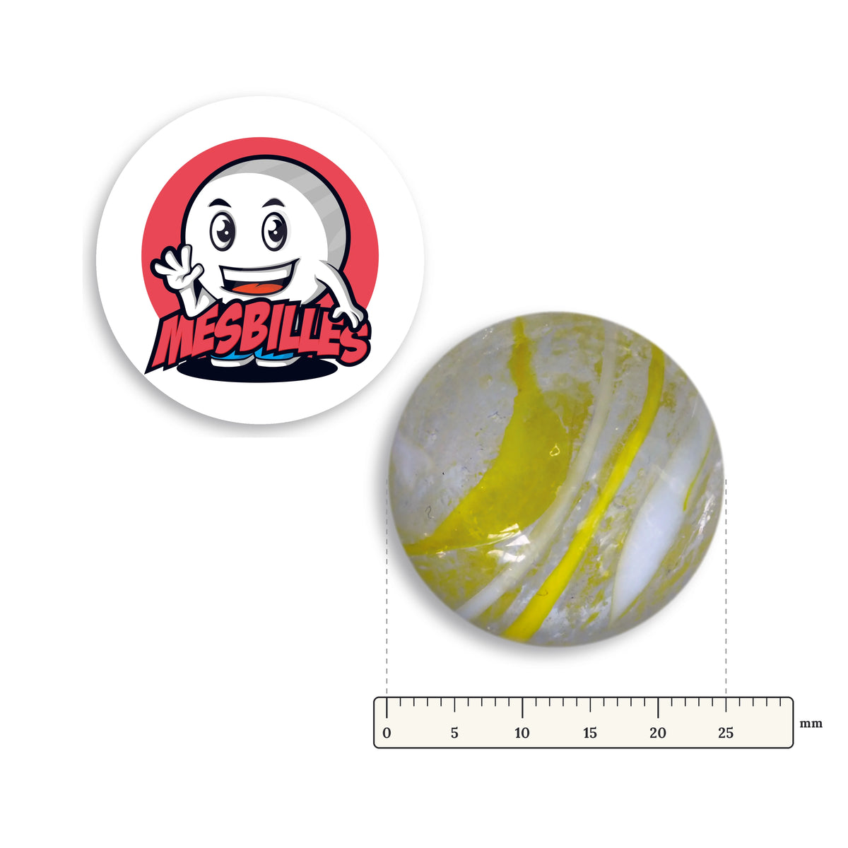 Bille Cyclone Jaune 25 mm Collector à côté d'une règle graduée, 25 mm de diamètre