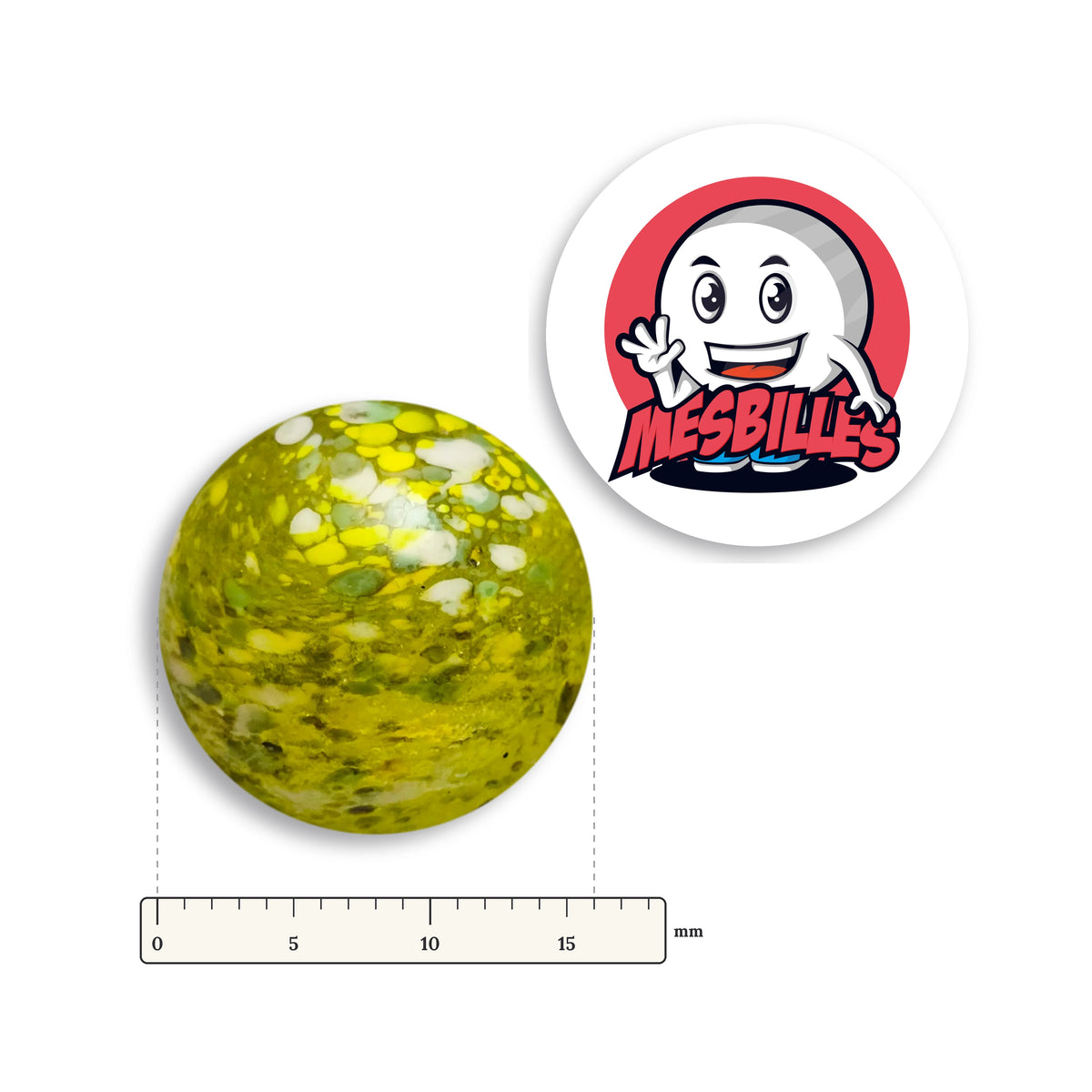 Bille Flyer Vert-Jaune 16 mm KimPlay Collector à côté d'une règle graduée, 16 mm de diamètre