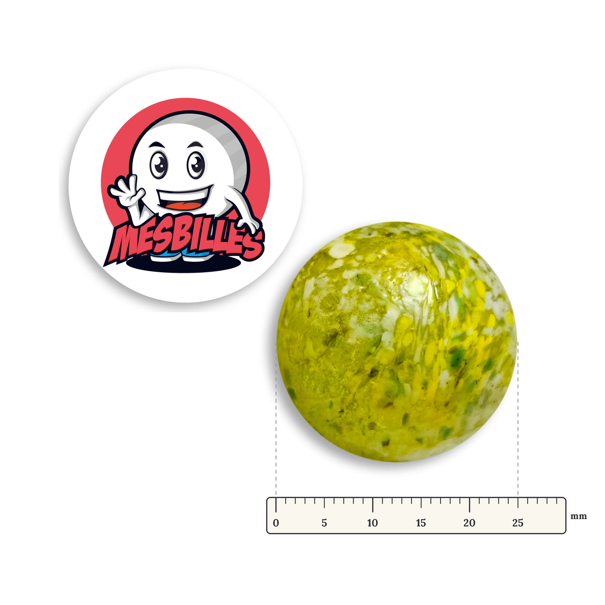 Bille Flyer Vert-Jaune 25 mm Collector à côté d'une règle graduée, 25 mm de diamètre