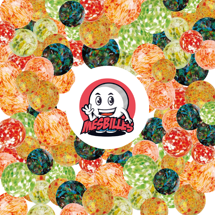 Canicas Flyer Planet de 16 mm y canicas multicolores que rodean al mascota MisCanicas, canicas de cristal translúcido con manchas multicolores