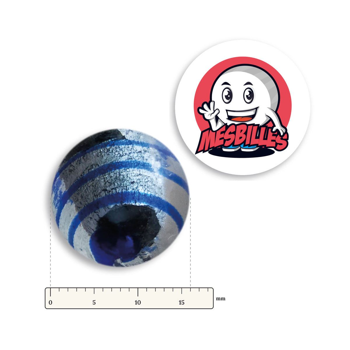 Bille Oeil de Dragon Rayé Bleu 16 mm KimPlay Collector à côté d'une règle graduée, 16 mm de diamètre