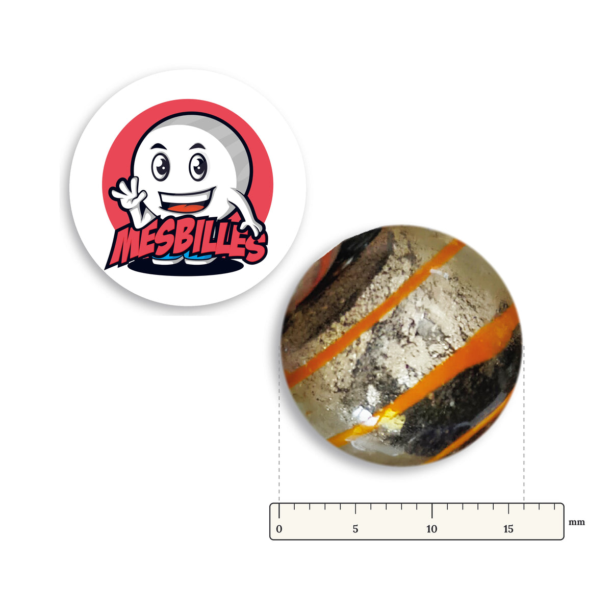 Bille Oeil de Dragon Rayé Orange 16 mm KimPlay Collector à côté d'une règle graduée, 16 mm de diamètre