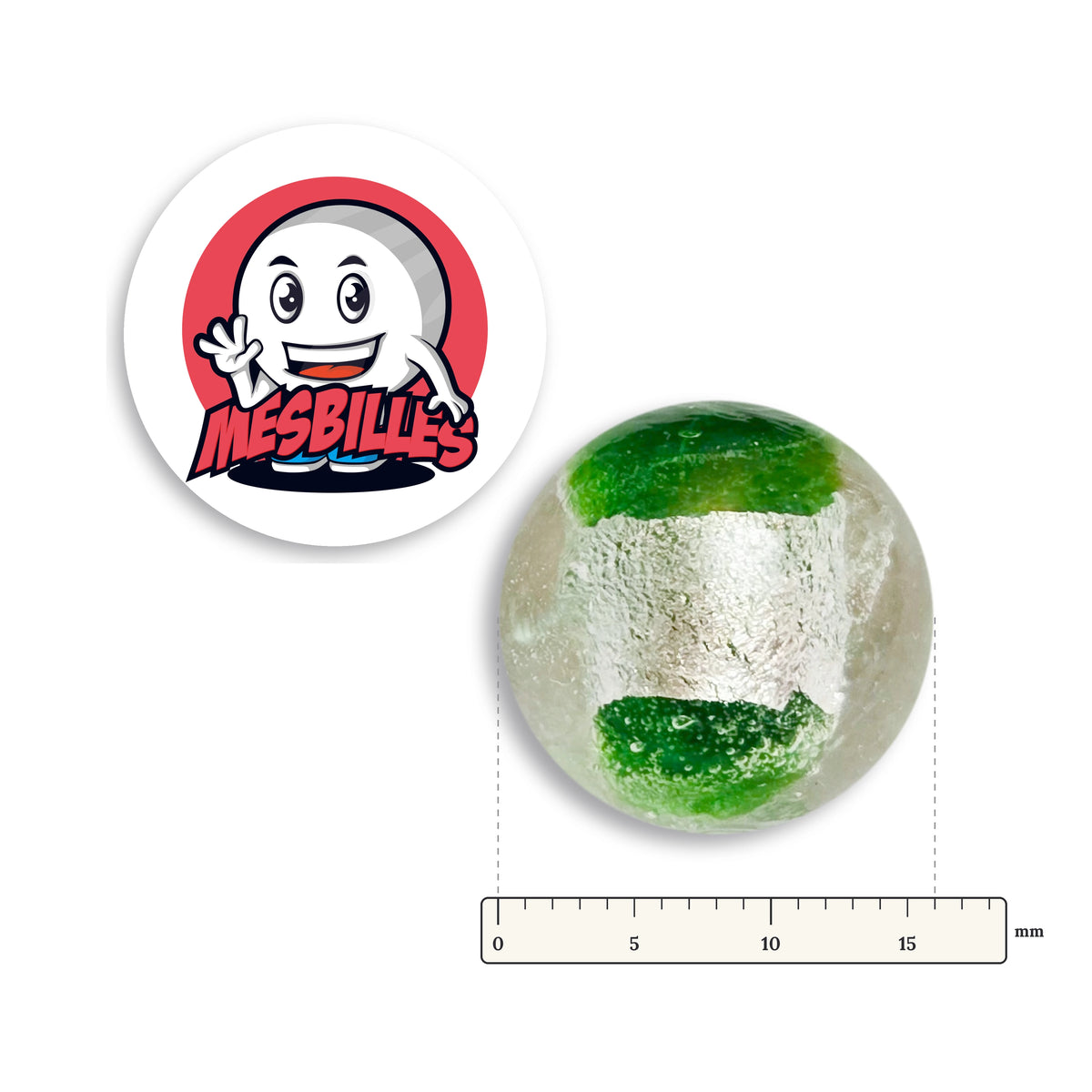 Bille Planète Vert 16 mm Collector à côté d'une règle graduée, 16 mm de diamètre
