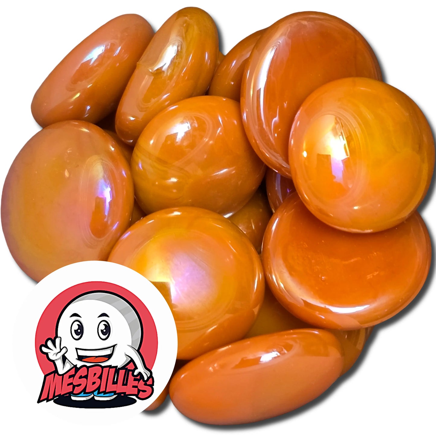 Dans la Grande Famille des Billes Glossys, il y a la Bille Plate en verre Opaque et Brillant de Couleur Orange.