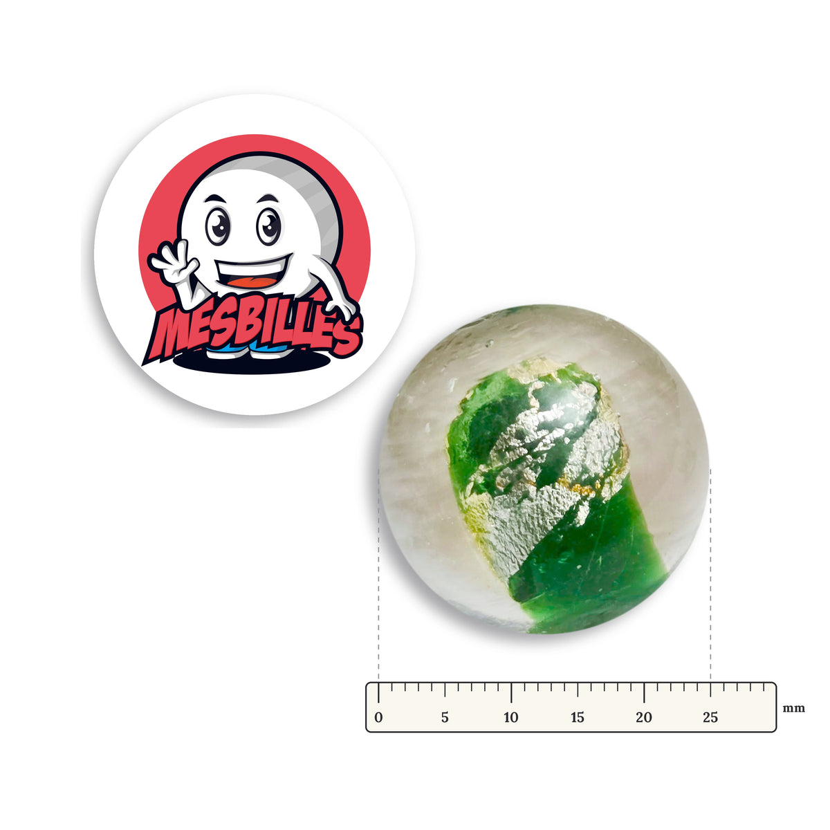 Bille Serpentin Vert 25 mm Collector à côté d'une règle graduée, 25 mm de diamètre