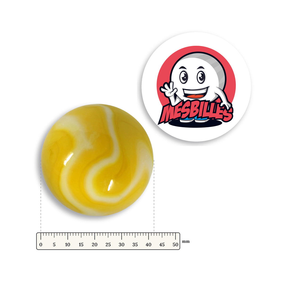 Grande bille Sorbet Citron à côté d'une règle graduée, 42 mm de diamètre