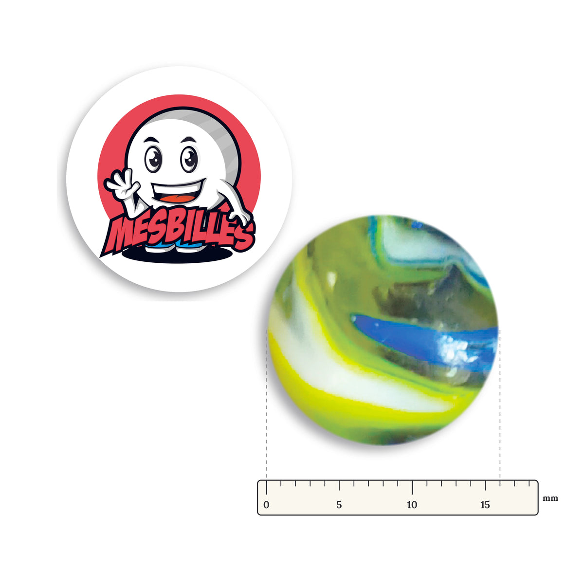 Bille Speedy Jaune et Bleu 16 mm Collector à côté d'une règle graduée, 16 mm de diamètre
