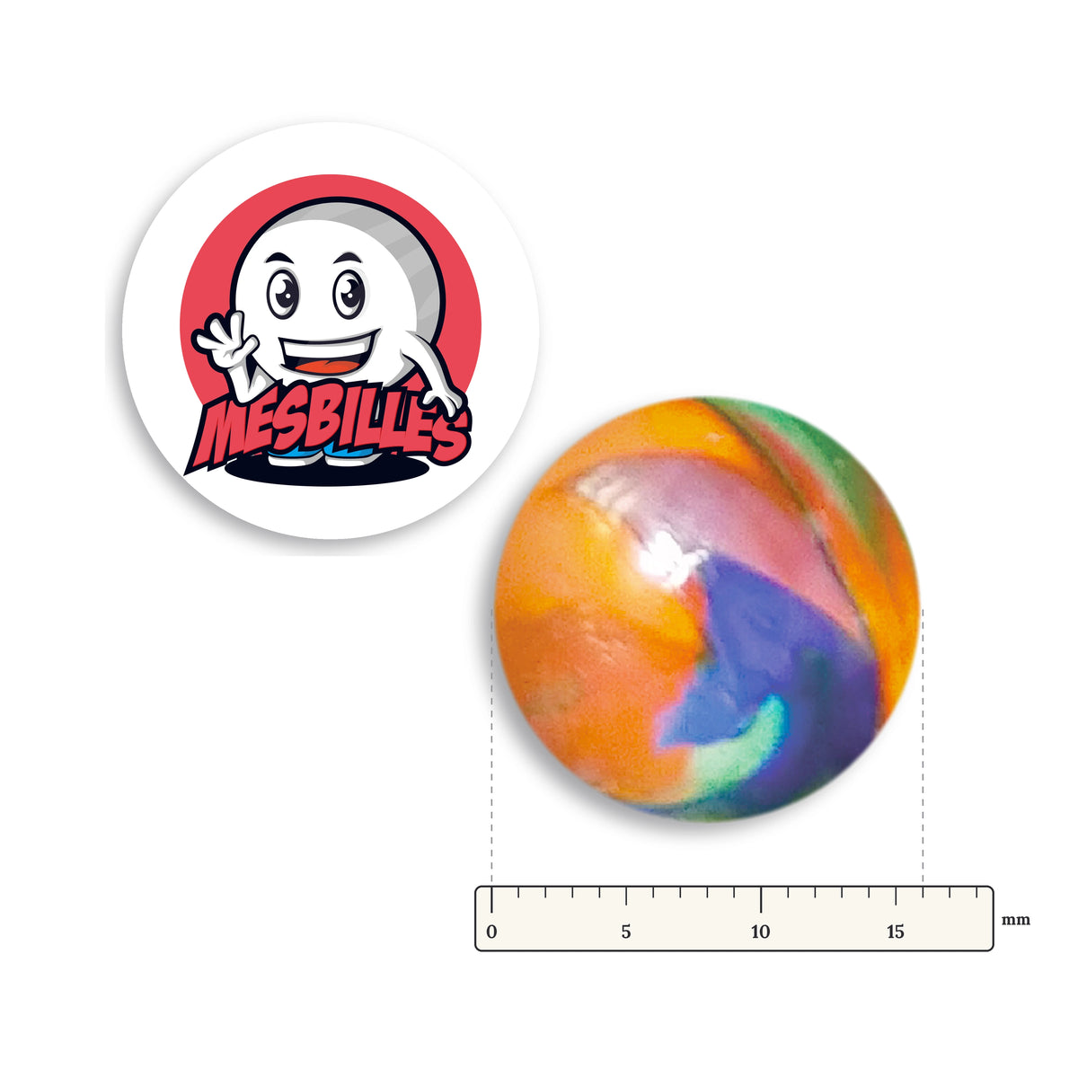 Bille Speedy Orange et Bleu 16 mm KimPlay Collector à côté d'une règle graduée, 16 mm de diamètre