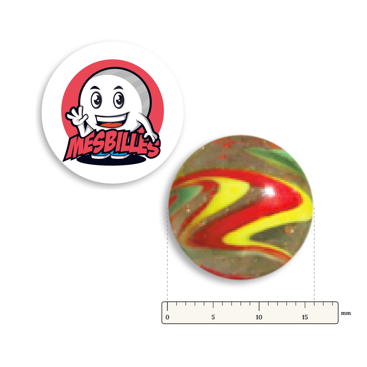 Bille Speedy Rouge et Jaune 16 mm KimPlay Collector à côté d'une règle graduée, 16 mm de diamètre