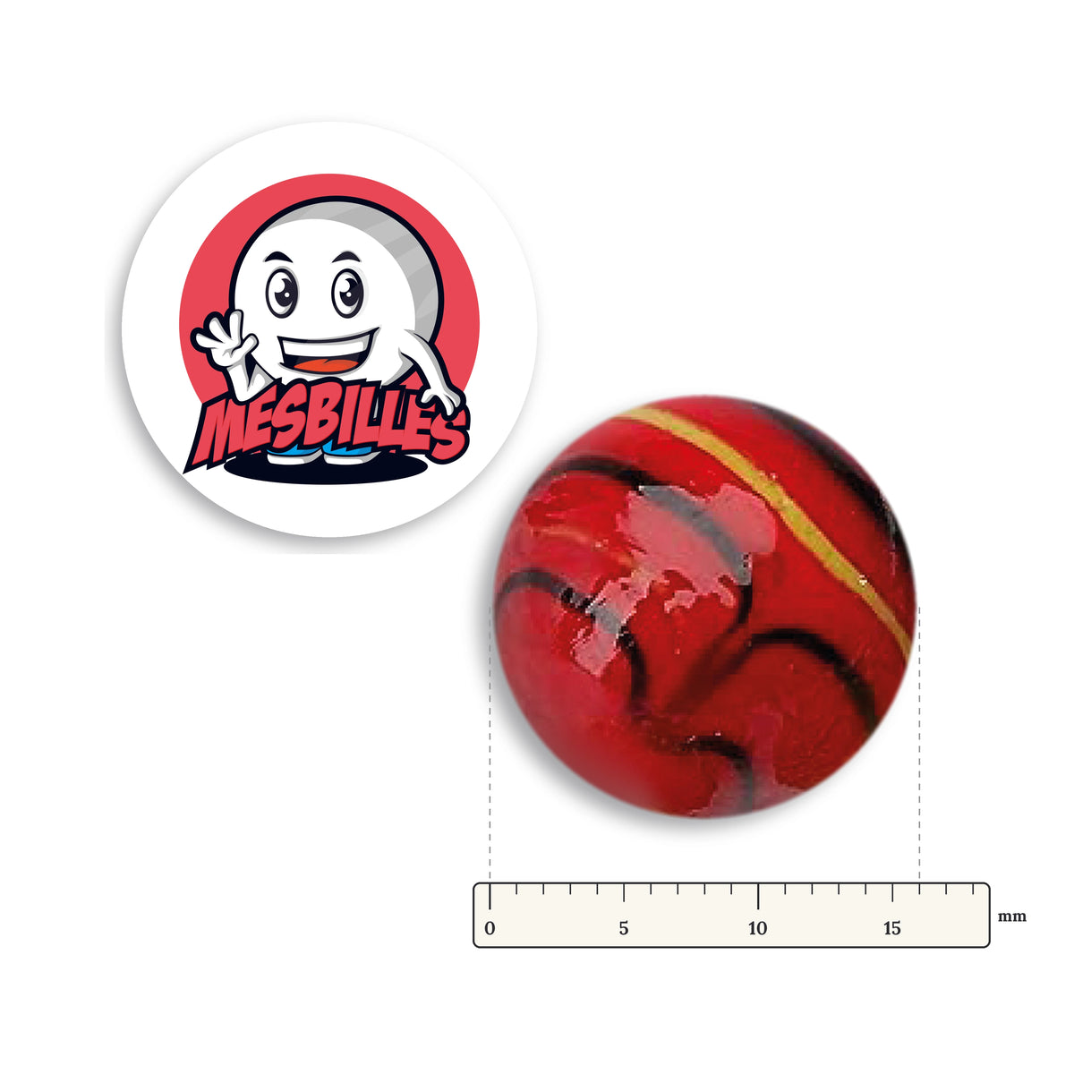 Bille Spider Rouge 16 mm Collector à côté d'une règle graduée, 16 mm de diamètre