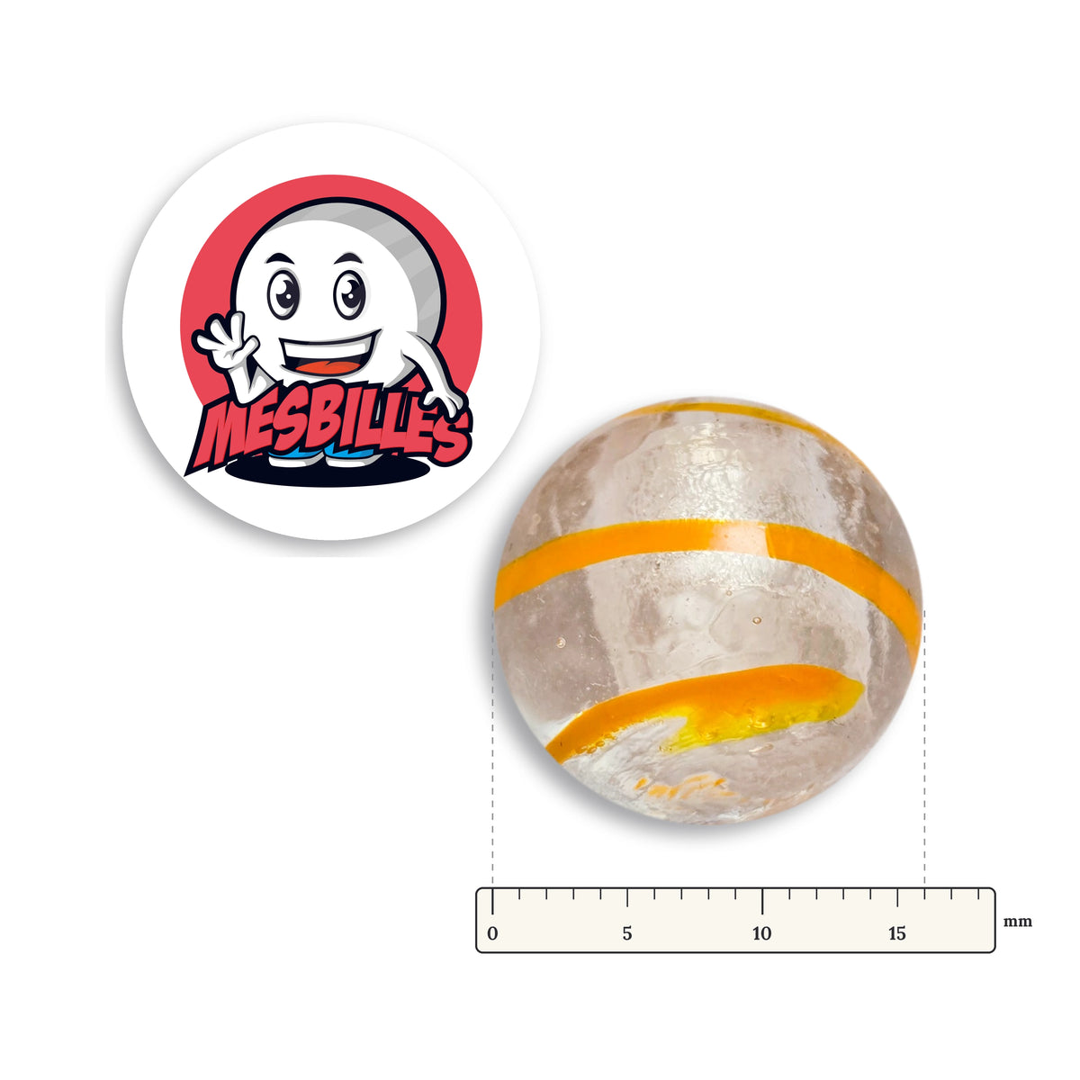 Bille Tourbillon Orange 16 mm Collector à côté d'une règle graduée, 16 mm de diamètre