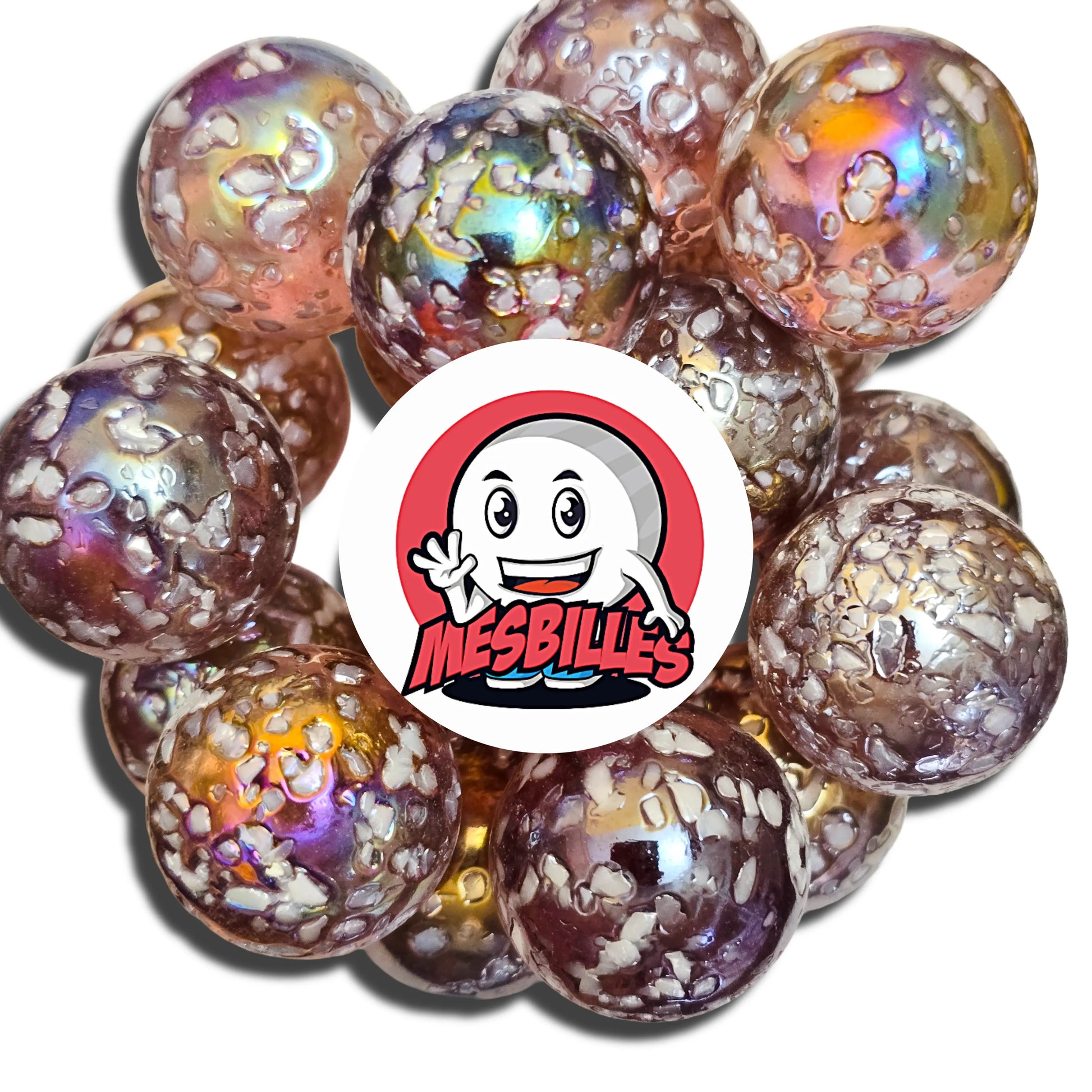 Lot de billes Pépite YSES 42 mm – billes décoratives aux reflets irisés avec inclusions blanches type pépites
