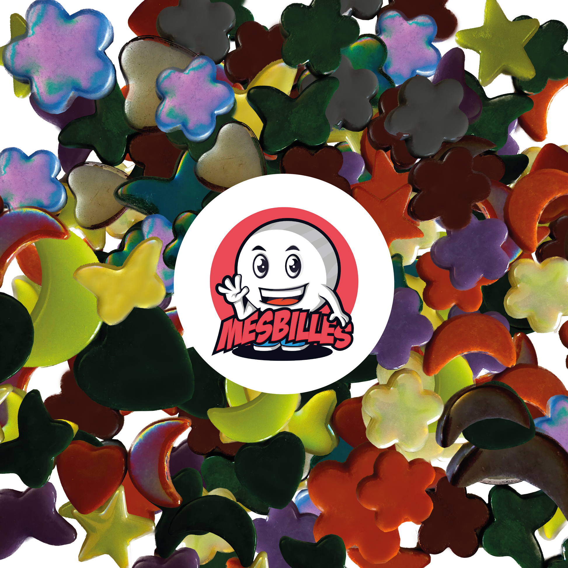 Mascota MisCanicas sobre Canicas Extraplanas Flores de vidrio Perla violeta, se utiliza para decorar, jugar y coleccionar.