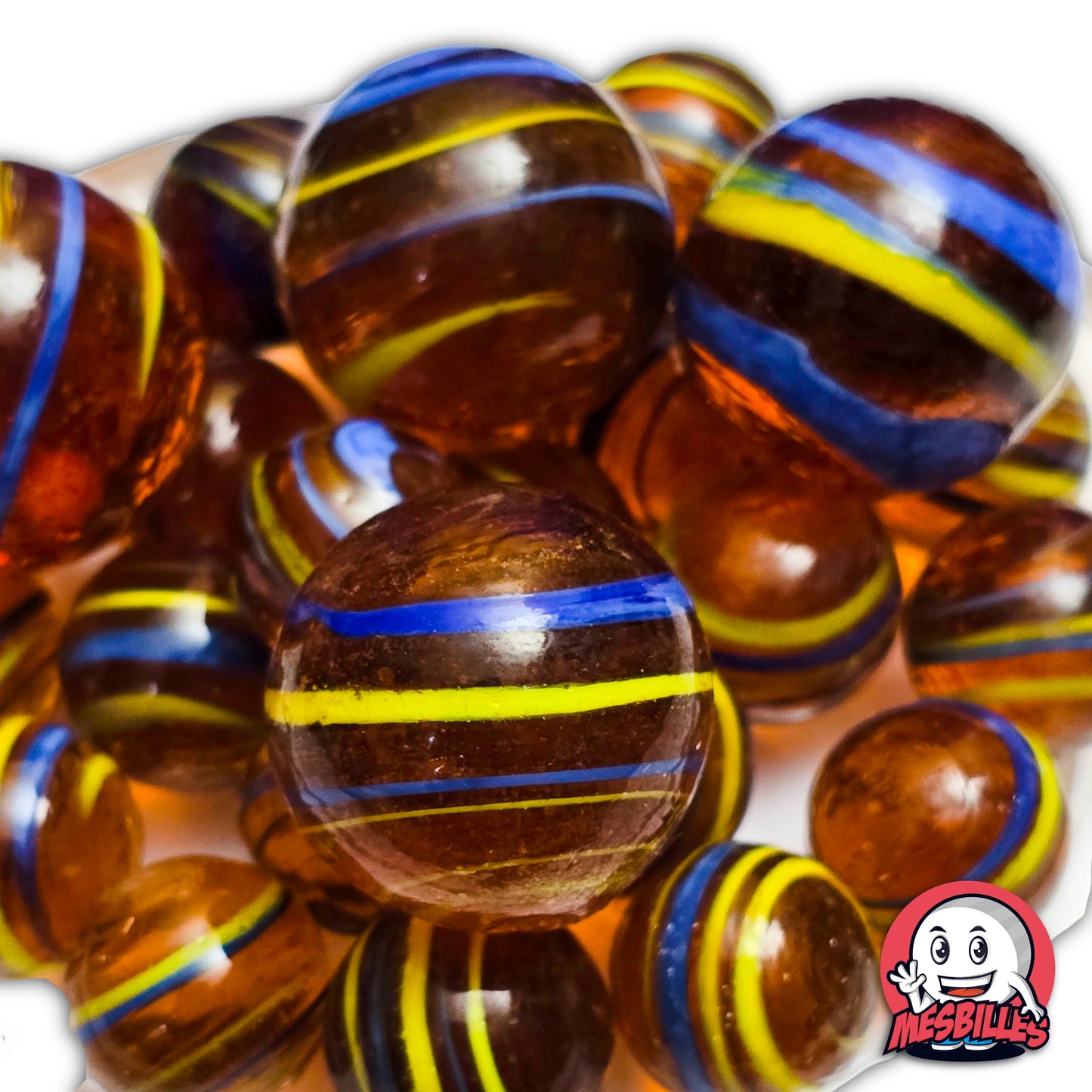 Lot de billes Cyclone Ambre 25 mm KimPlay Collector ambre translucide rayures jaunes et bleues