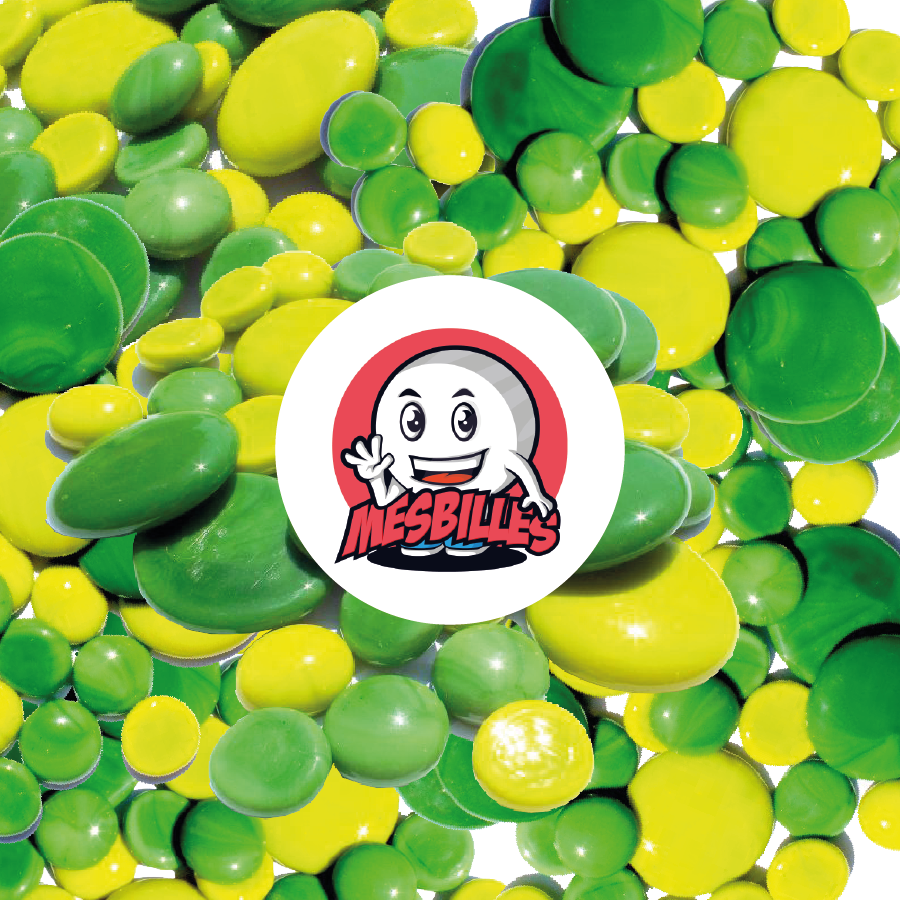 MisCanicas - 250 grr Canicas planas opacas en verde y verde limón de 30 mm, 18 mm y 12 mm.