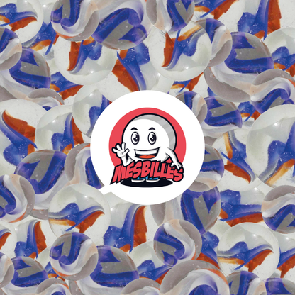 Aquí está la Canica Francesa de 30 mm, como una bandera con los colores de Francia. Esta canica está disponible en otros tamaños en la página web de MisCanicas.