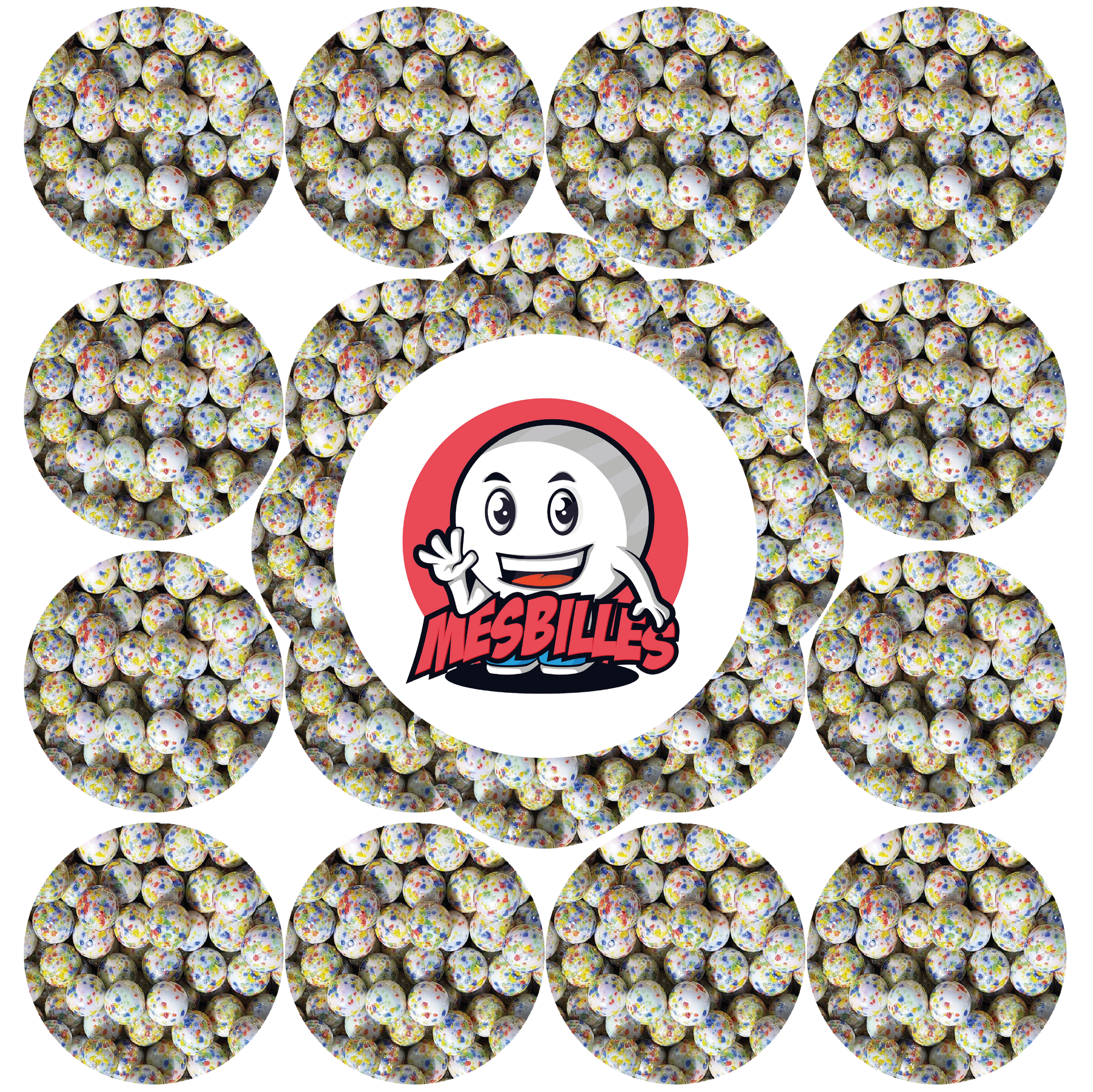 Imagen de la mascota MisCanicas rodeada de canicas blancas opacas de 16 mm recubiertas de fragmentos multicolores
