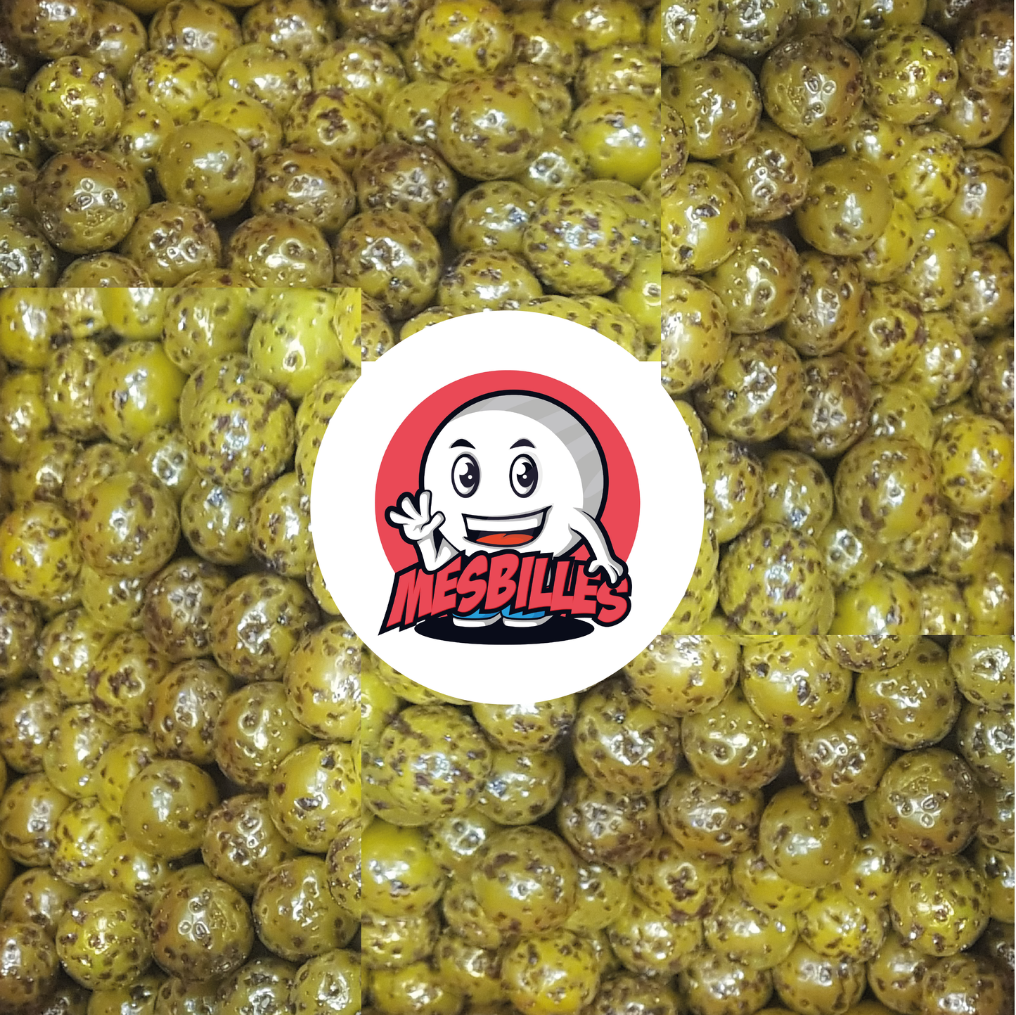 Imagen de la mascota MisCanicas rodeada de canicas Preciosa Pepita de 25 mm, amarillas con destellos morados