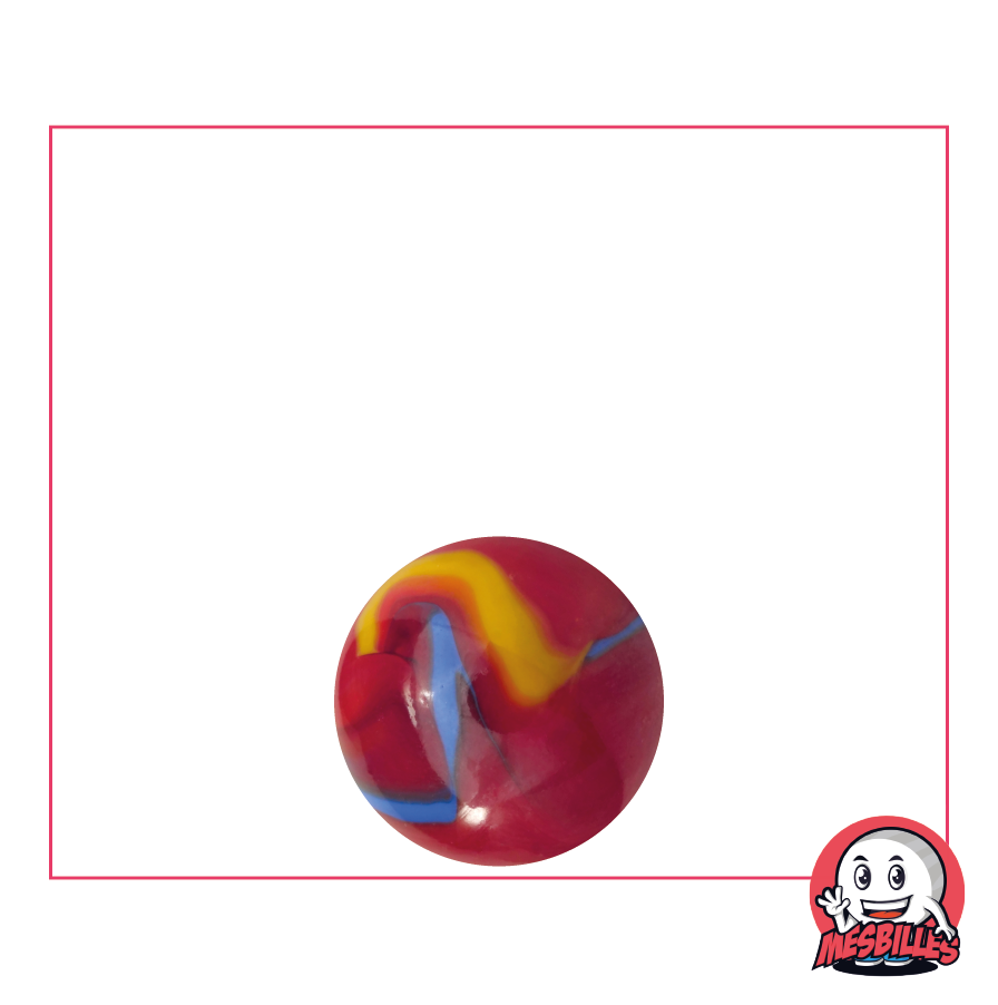 Canica Fiesta 14 mm roja con rayas azules y amarillas - MisCanicas