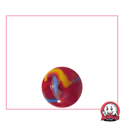 Canica Fiesta 14 mm roja con rayas azules y amarillas - MisCanicas