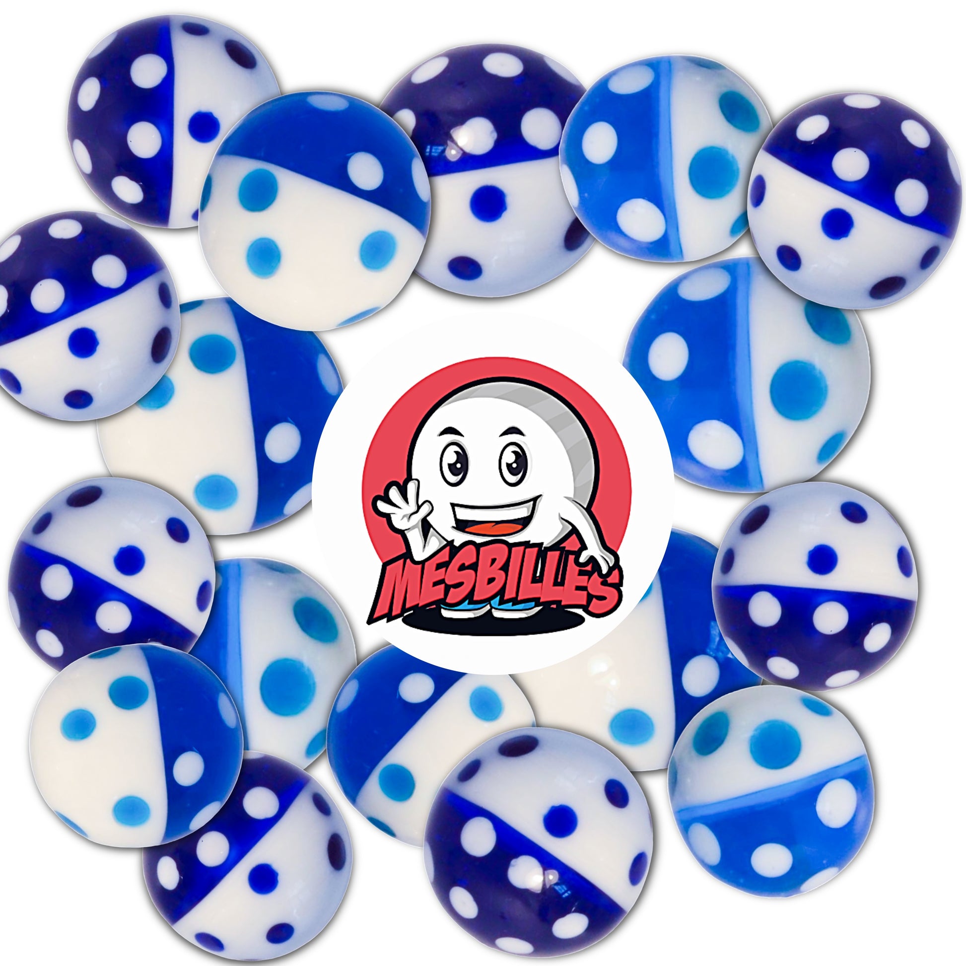 Logotipo MisCanicas en canicas artísticas azules de 22 mm, con lunares, ideales para impresionar en el campo o en una colección.