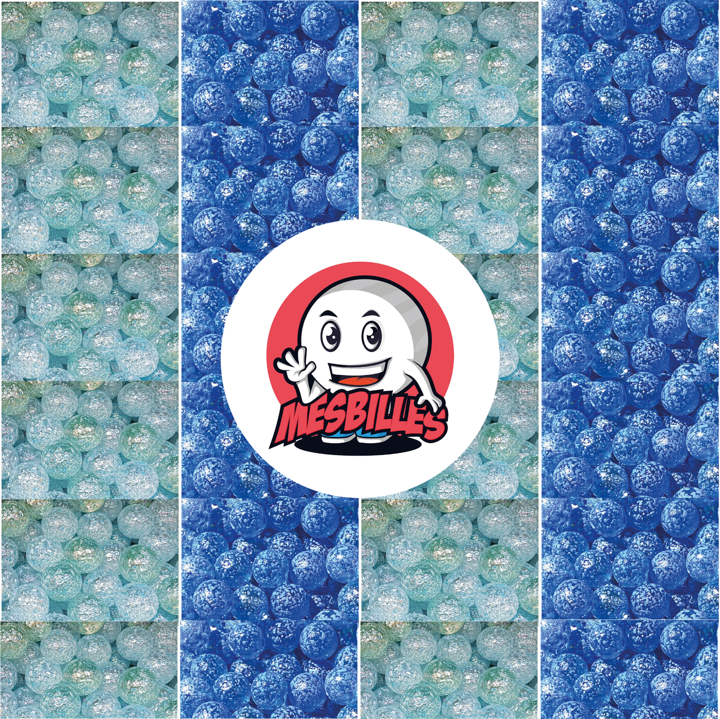 Imagen de la mascota MisCanicas rodeada de canicas Pepita de vidrio translúcido con destellos azules de 14 mm