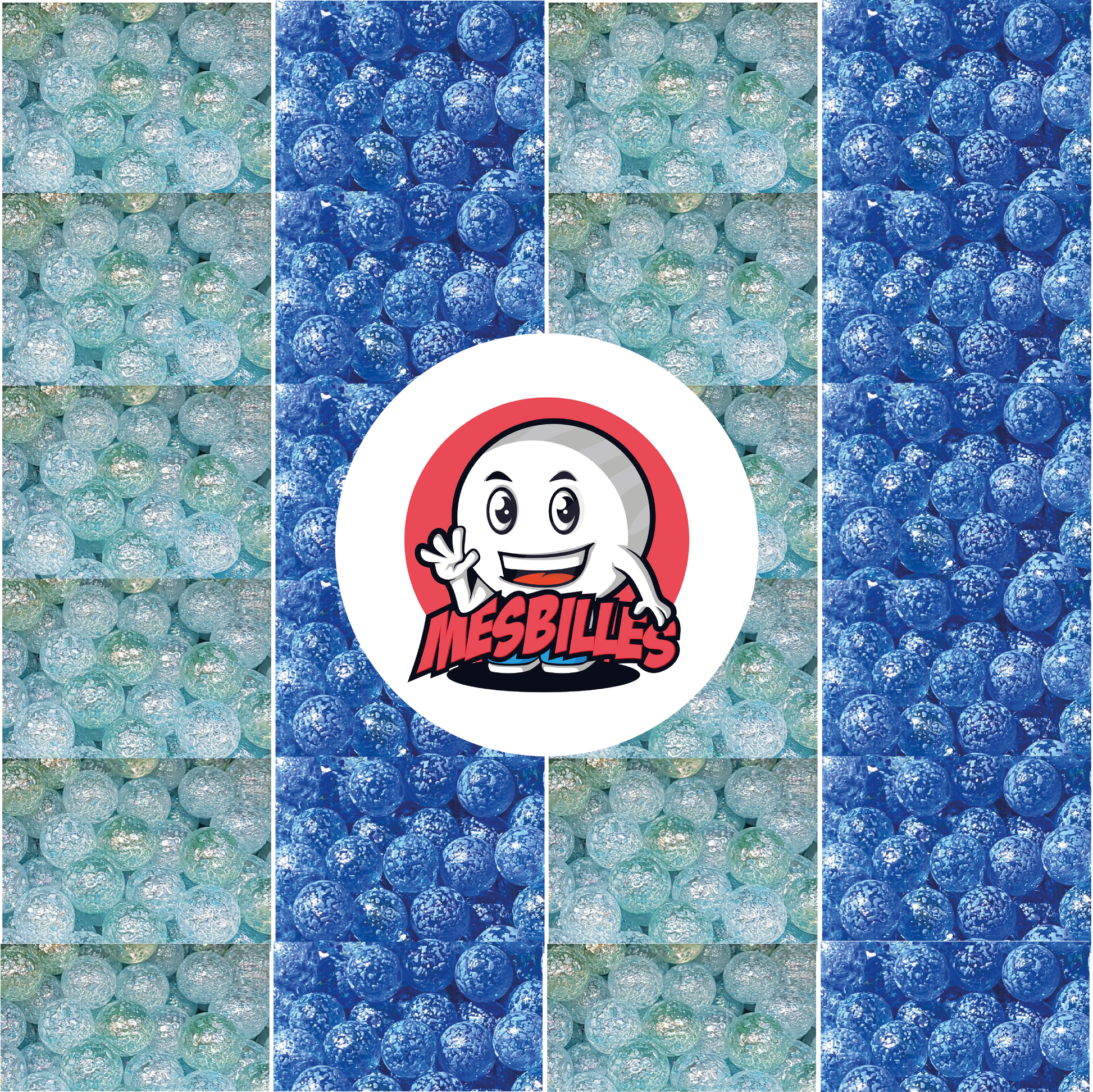 Imagen de la mascota MisCanicas rodeada de canicas Pepita de vidrio translúcido con destellos azules de 14 mm