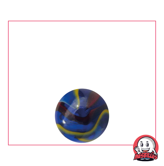 Canica Miguel Ángel 14 mm de cristal azul, con rayas rojas, blancas y amarillas - MisCanicas