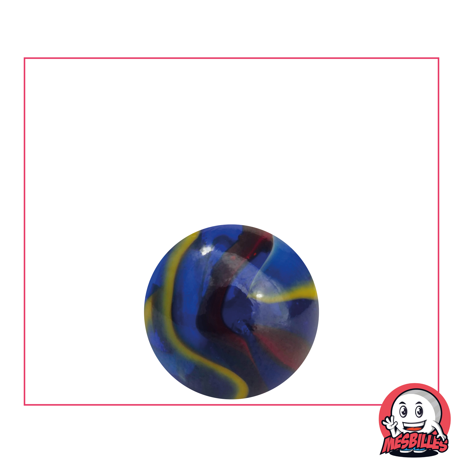Canica Miguel Ángel 16 mm de cristal azul, con rayas rojas, blancas y amarillas - MisCanicas