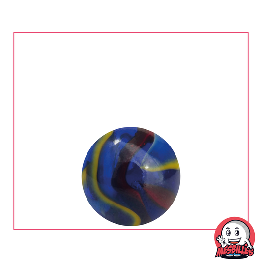 Canica Miguel Ángel 16 mm de cristal azul, con rayas rojas, blancas y amarillas - MisCanicas