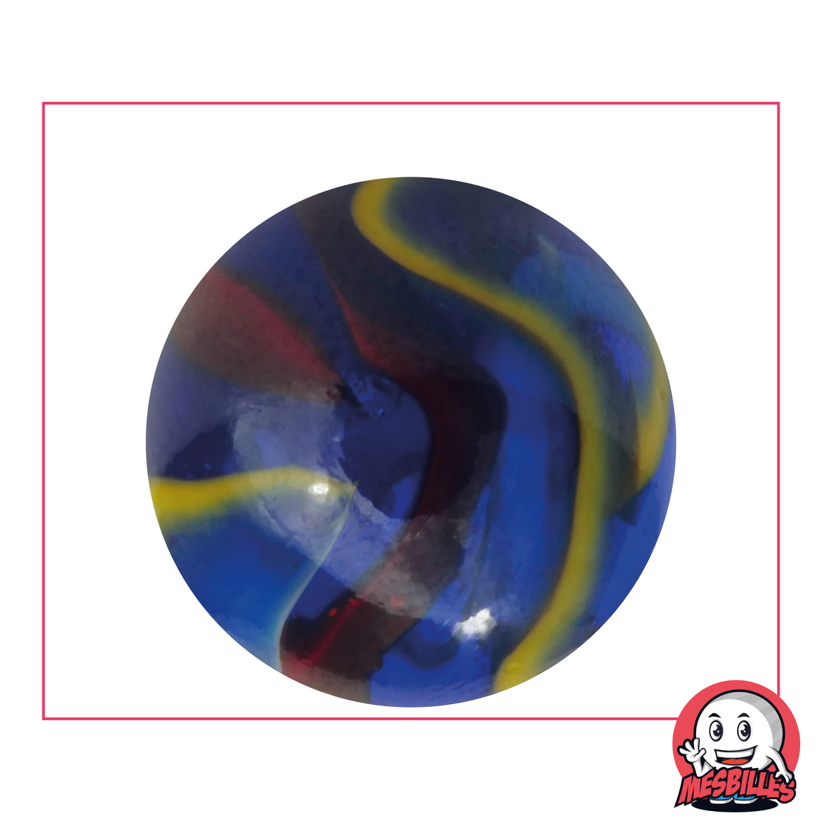 Canica Miguel Ángel de 42 mm de cristal azul, con rayas rojas, blancas y amarillas - MisCanicas