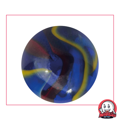 Canica Miguel Ángel de 42 mm de cristal azul, con rayas rojas, blancas y amarillas - MisCanicas