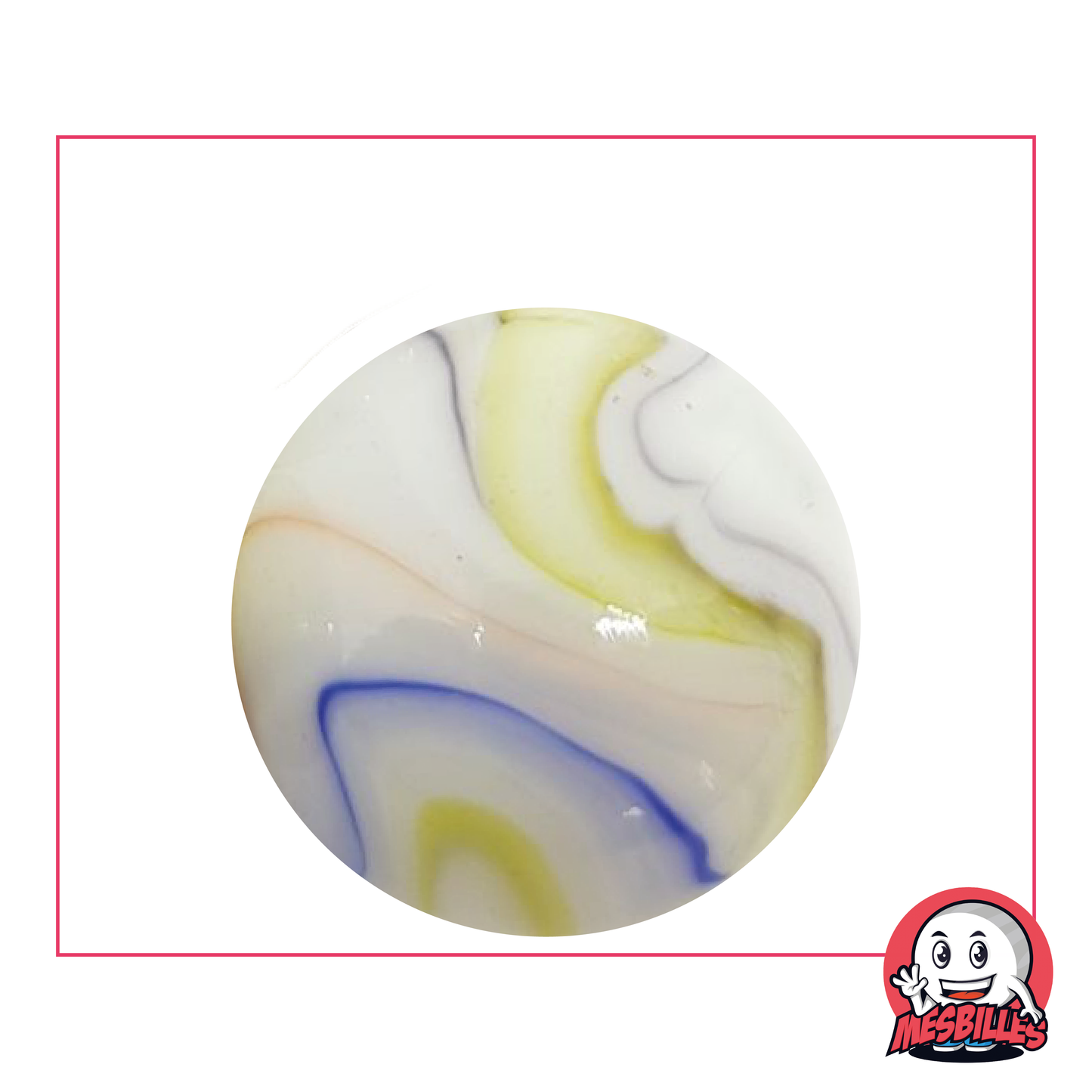 Canica de vidrio Multi-chiffonnade de 35 mm, blanca tipo porcelana estriada con curvas multicolores